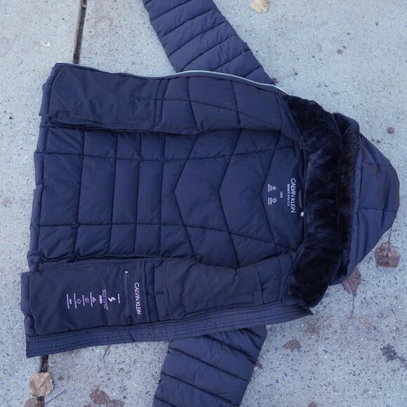 Calvin Klein Black Puffer Coat Women's L Faux Fur Hood Water Resistant - Picture 4 of 12